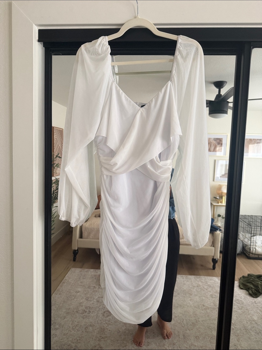 White Long-Sleeve Draped Midi Dress with Ruched Skirt